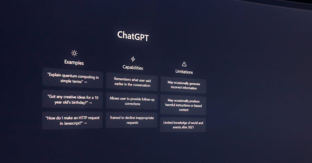Screen displaying ChatGPT examples, capabilities, and limitations.